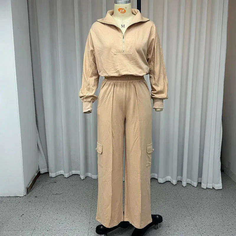 Women's light camel polyester lapel top and wide-leg trousers two-piece work set