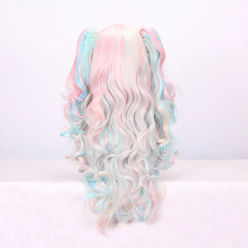 Double ponytail long curly full wig in picture colour with high-temperature fibre and curly twin tails