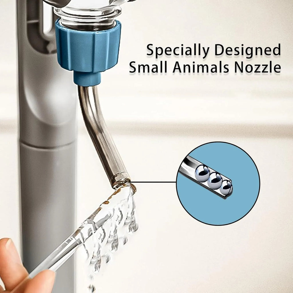 Blue pet water bottle with rotating nozzle mounted on cage bars for small animals