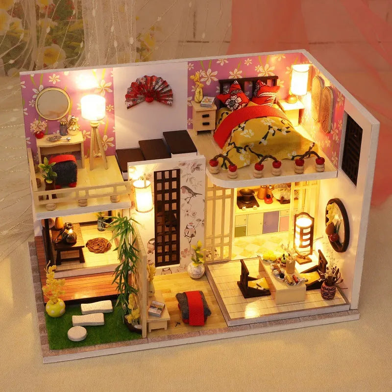 Wooden duplex loft villa model, battery powered small house toy, 30cm x 7cm x 16cm, Basic Style