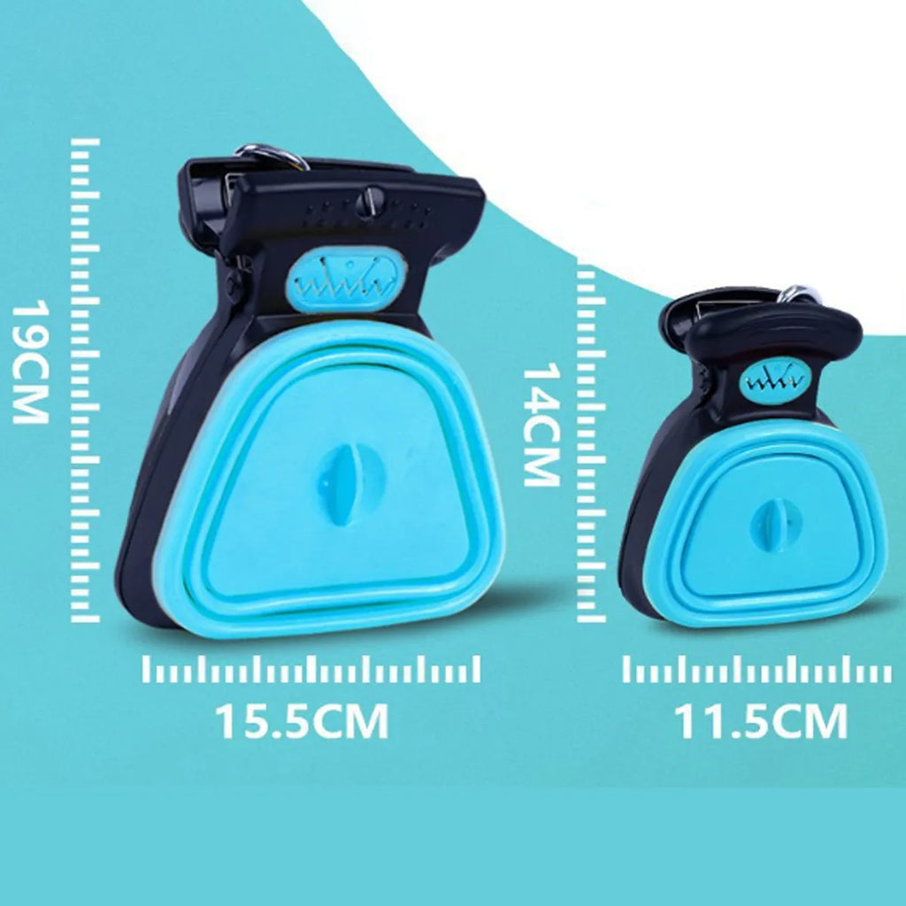 Blue portable dog pooper scooper with carabiner clip, expanded waste container, and bag dispenser.