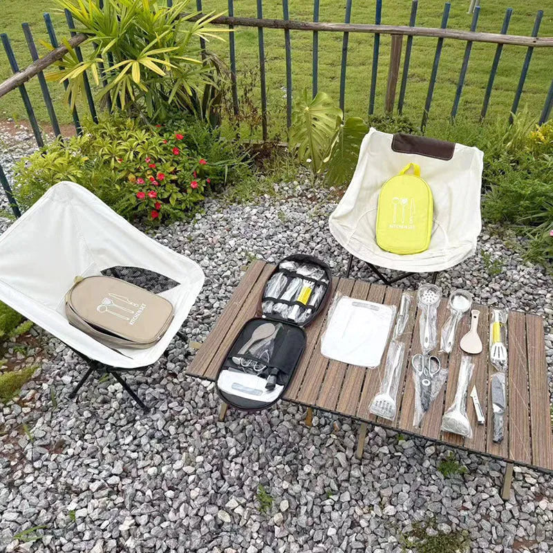 Stainless steel picnic kitchenware set with storage bag in brown colour