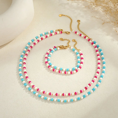 18K gold plated stainless steel geometric chain necklace for women, adjustable 41-50cm, pink or blue colour, fashion OL style, electroplated finish
