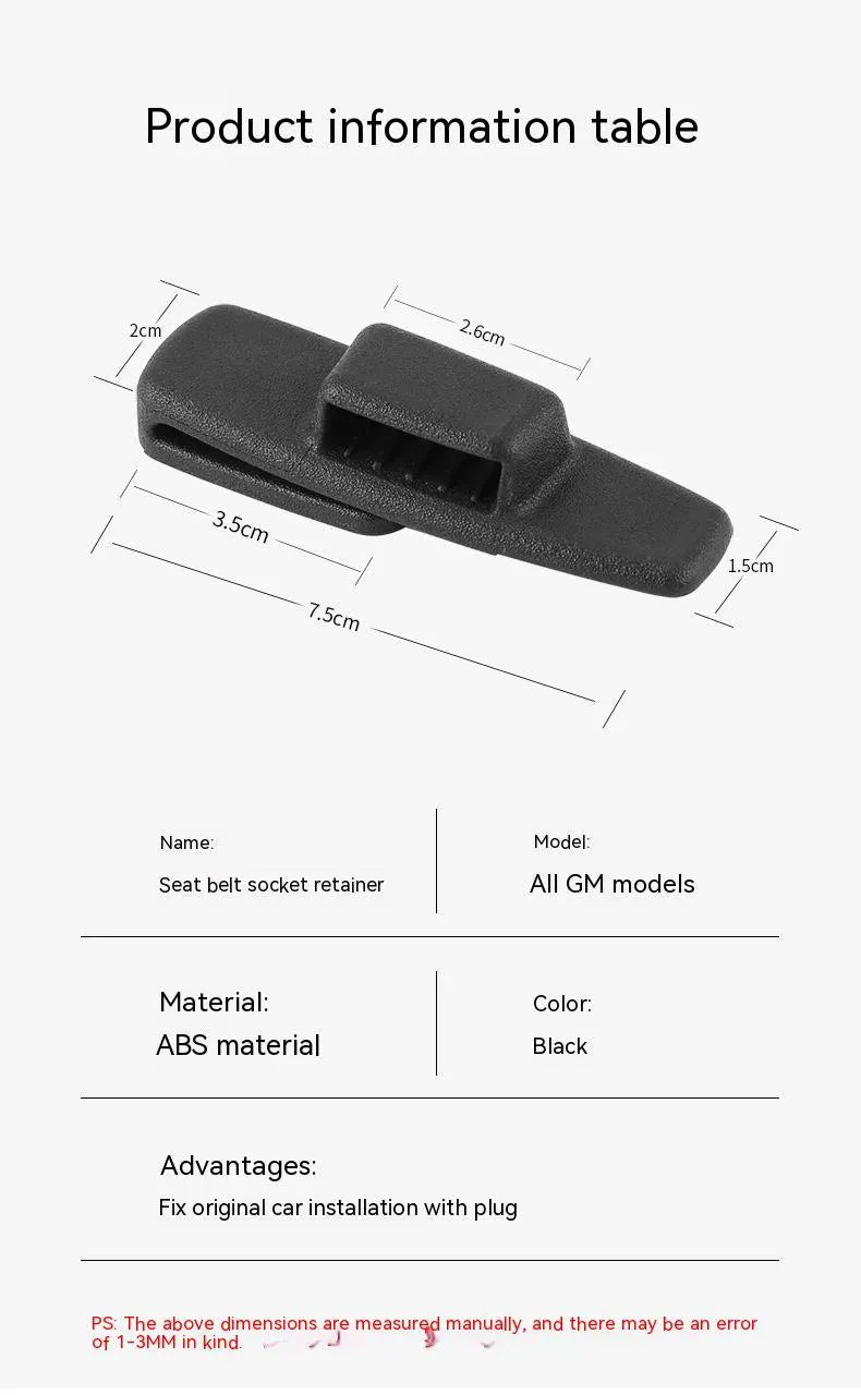 Two black ABS plastic universal seatbelt stopper clips shown next to a car seatbelt.