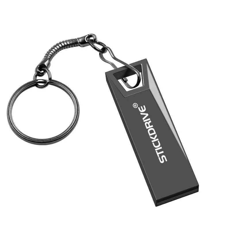 Metal USB flash drive on a keyring chain, shown in black and silver colour variants.