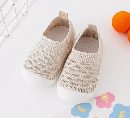 Baby soft sole non-slip walking shoes in fly woven cotton and natural rubber, available in multiple colours and sizes 11.5-15.5cm