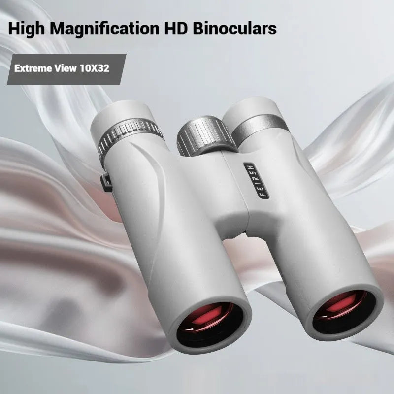 Blue 10x32 binoculars with wine red film lenses showing compact plastic housing