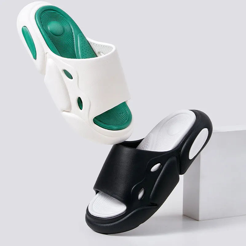 Women's and men's EVA thick-soled couple slippers in two-colour combinations with leather lining