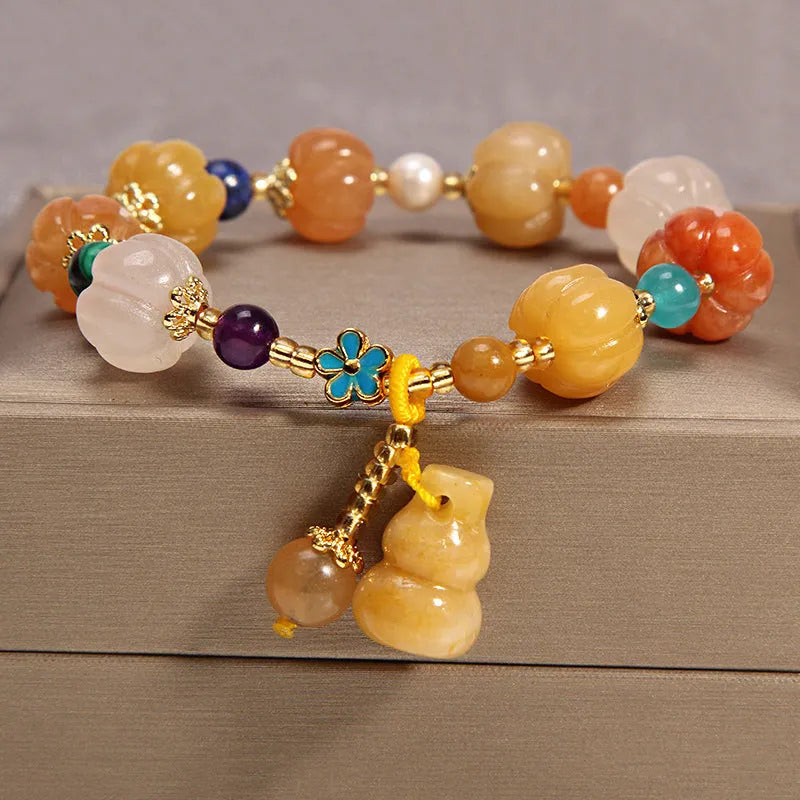 Women's yellow agate crystal bracelet with gold tone accents and khaki silk thread in Japanese Korean style