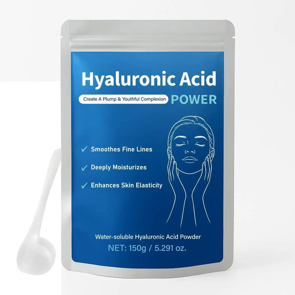 Clear hyaluronic acid powder in a 150g jar for DIY skincare serum making