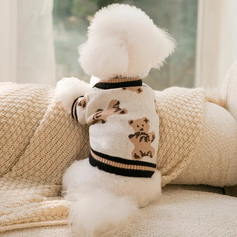 Cute bear pattern two-legged dog sweater in beige for small dogs and cats, sizes XS to XL