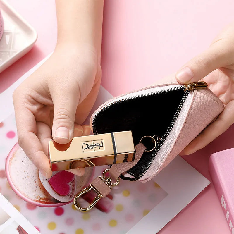 Men's black PU leather zipper key ring case showing waterproof key organiser with car keys