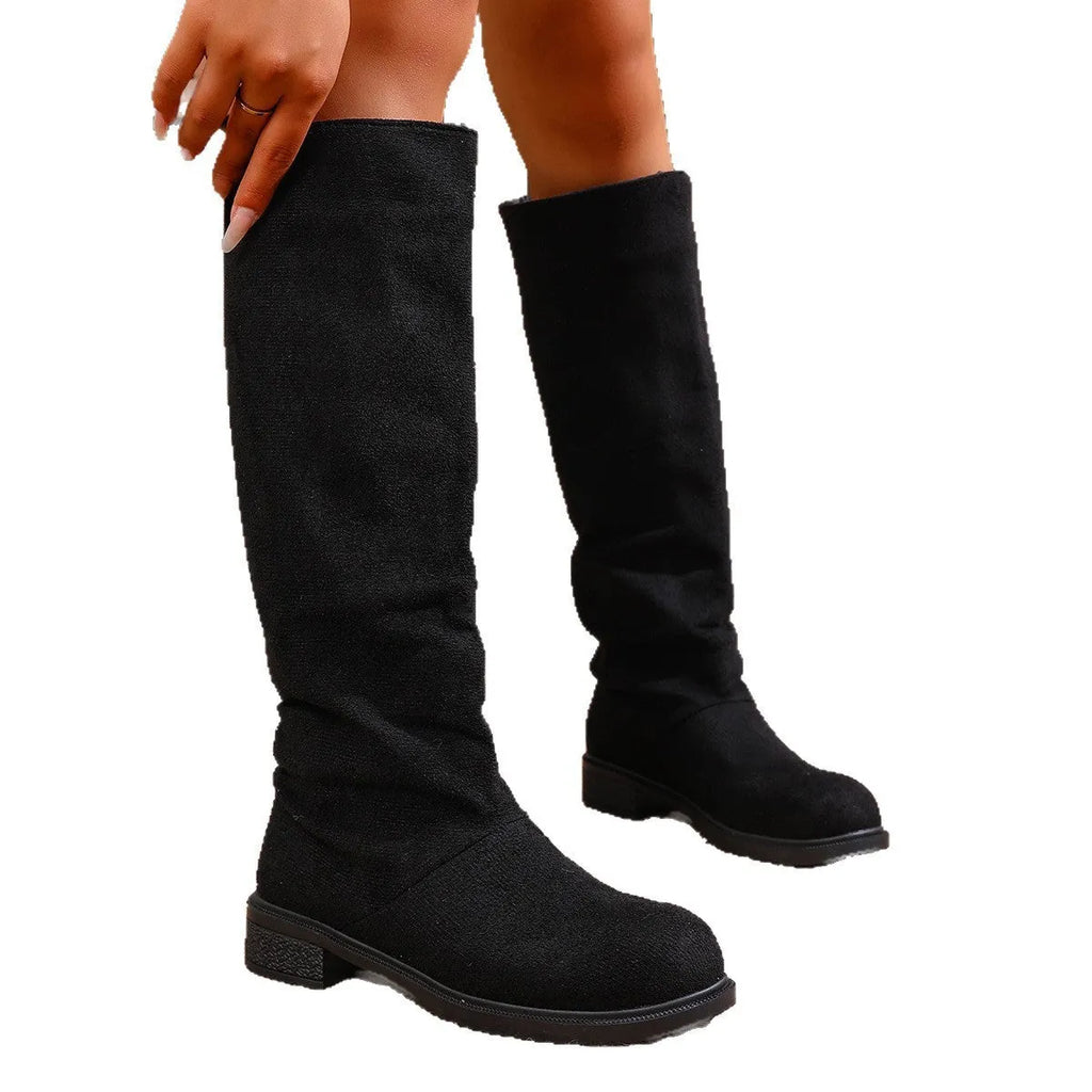 Women's cow suede chunky heel below the knee boots in solid colour with round toe
