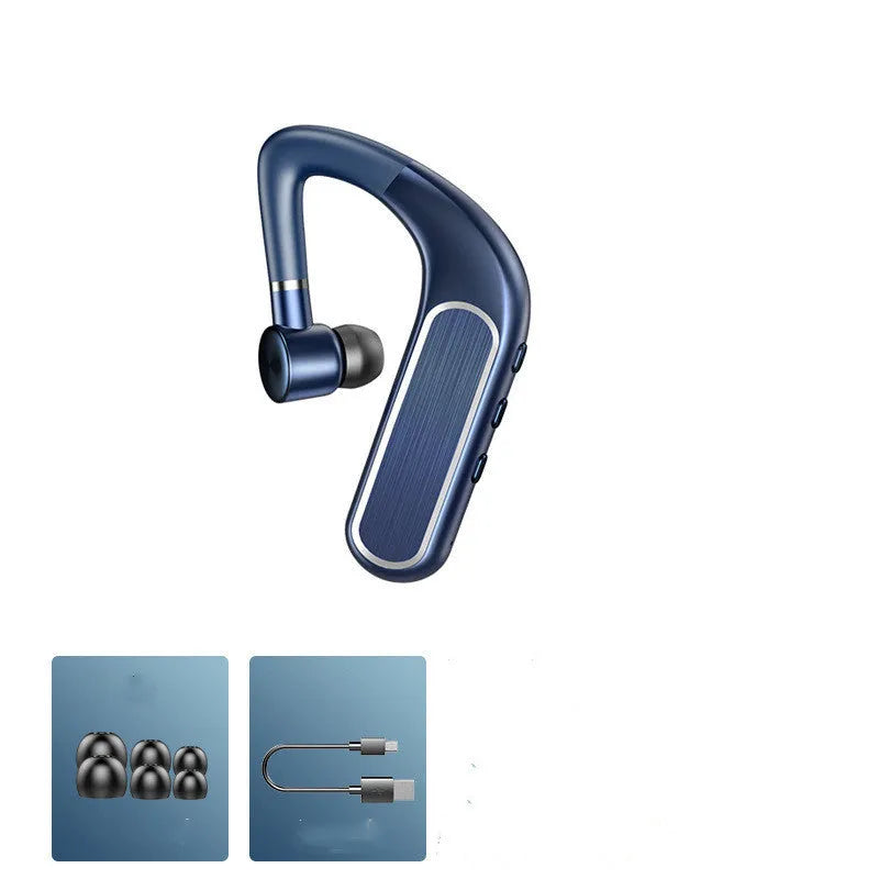 Black Bluetooth hanging earphones with charging warehouse and three pairs of ear caps on a white background