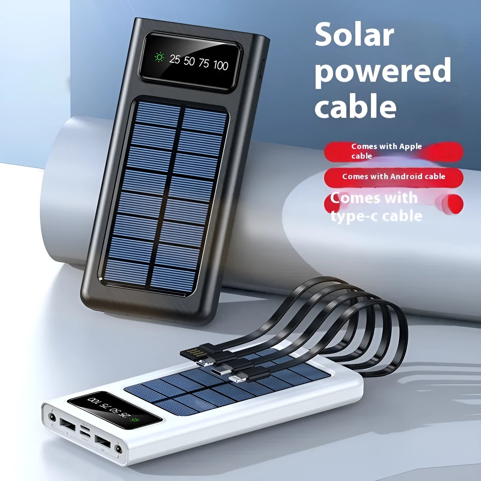 Black and white solar power bank with built-in cable showing 20000mAh capacity and dimensions.