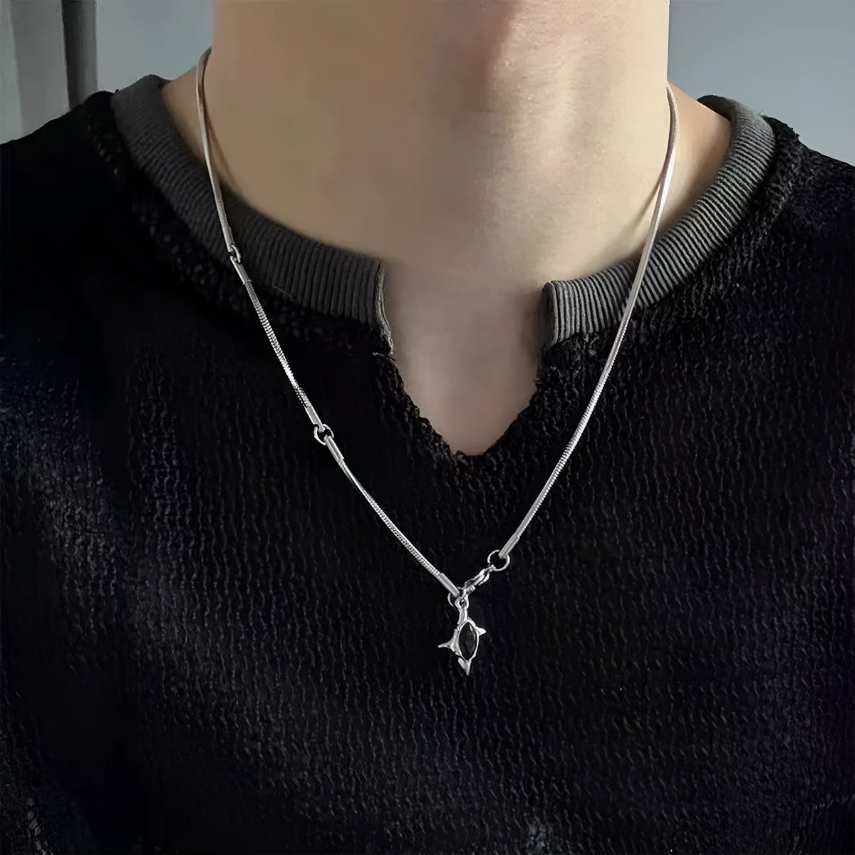 Gemini titanium steel clavicle necklace, 50cm polished chain, water ripple constellation pendant, unisex design