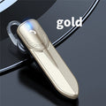 Single-ear Bluetooth V5.2 headset in black, white, silver, gold, or pink, 67x24x17mm, with 300mAh battery and charging cable.