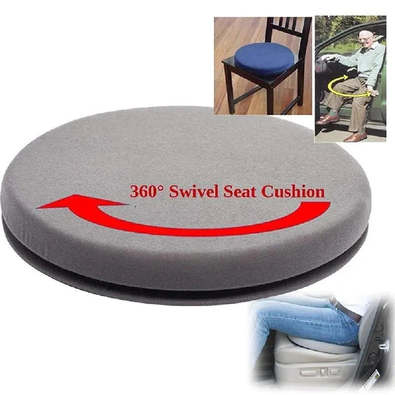 Grey circular car seat cushion with 360-degree rotation feature on a car seat