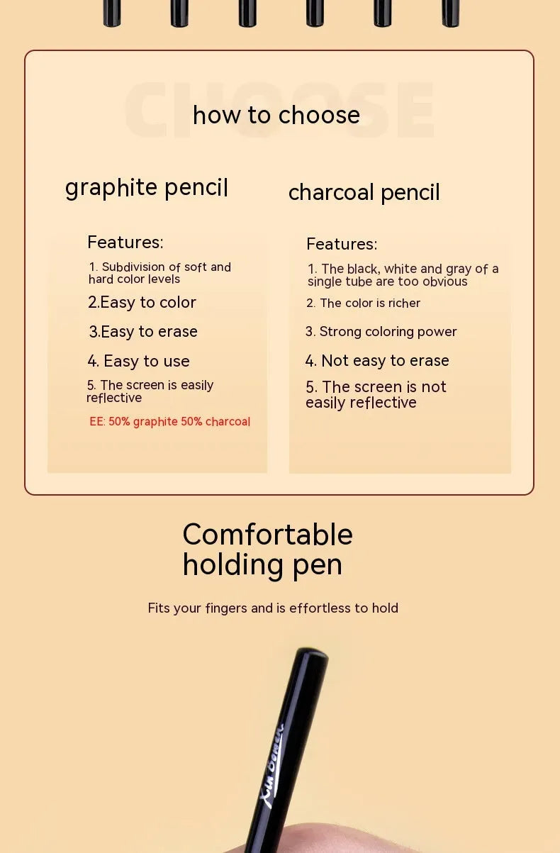 Wood-free graphite sketching pencils set showing six different hardness grades for art drawing