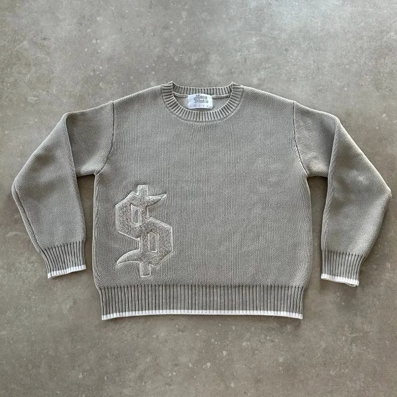 Grey loose fit jacard knit pullover coat with long sleeves made from acetate fibre