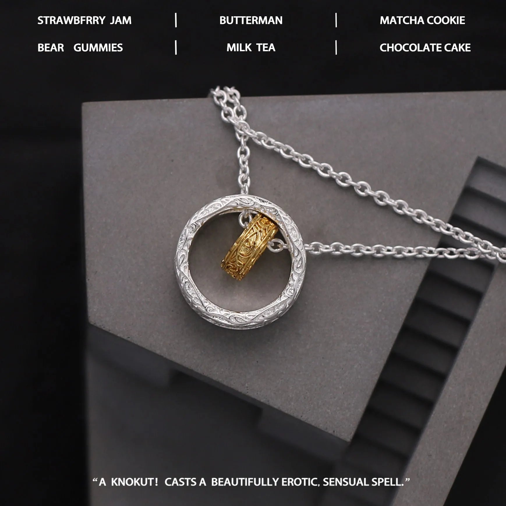 Geometric copper nested necklace with gold and silver electroplated finish, round and ring elements, on display