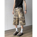 Yellow snake pattern camouflage cropped jeans in cotton denim fabric