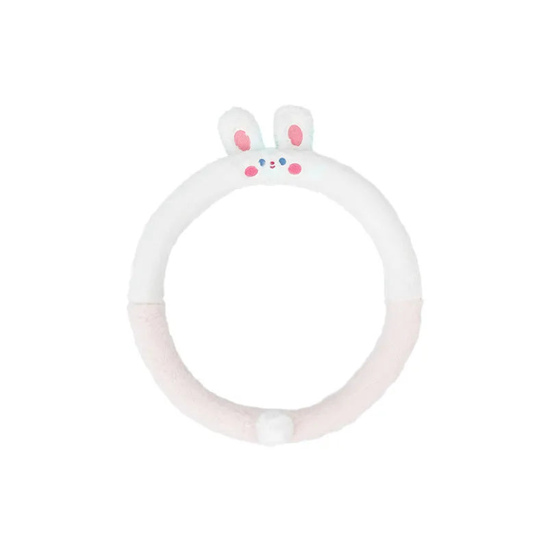Plush rabbit fur steering wheel cover with embroidered cartoon animal design for winter thermal comfort