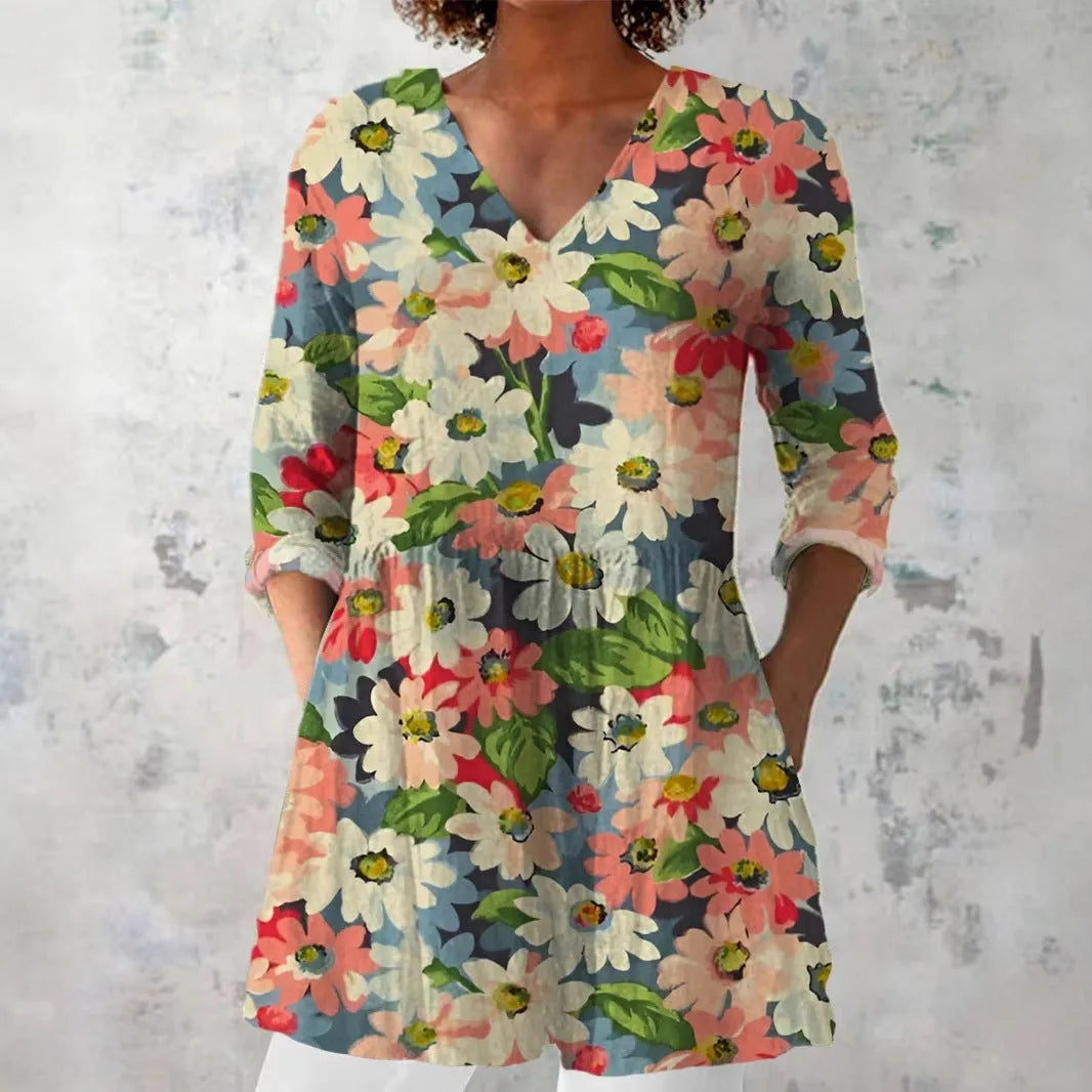 Women's retro slim fit printed long-sleeved top in polyester fabric with digital printing