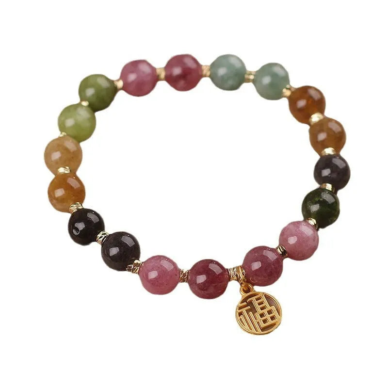 Natural tourmaline flower bracelet with geometric shapes and electroplated metal components