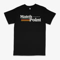 Men's black t-shirt with 3D printed pattern, round neck and short sleeves showing size options