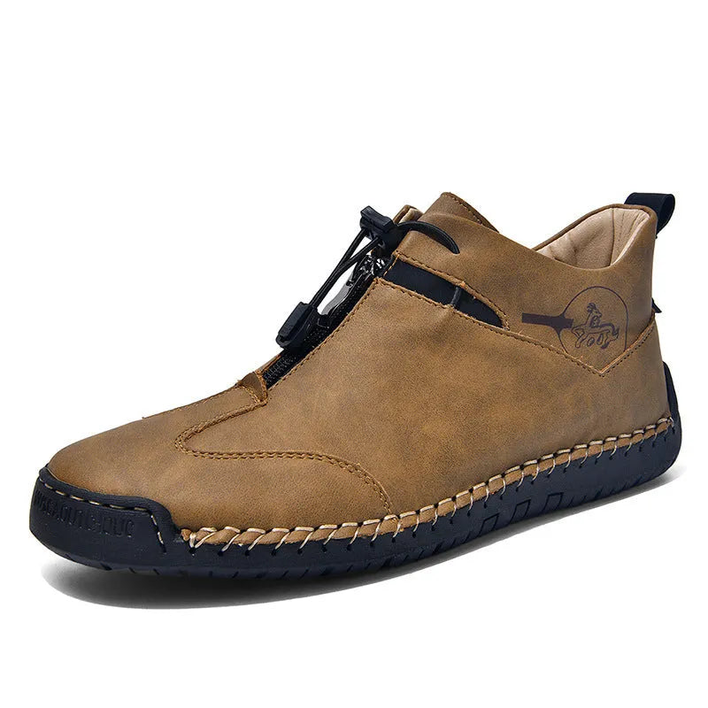 Men's black casual leather shoes with a mid heel and round toe on a rubber sole