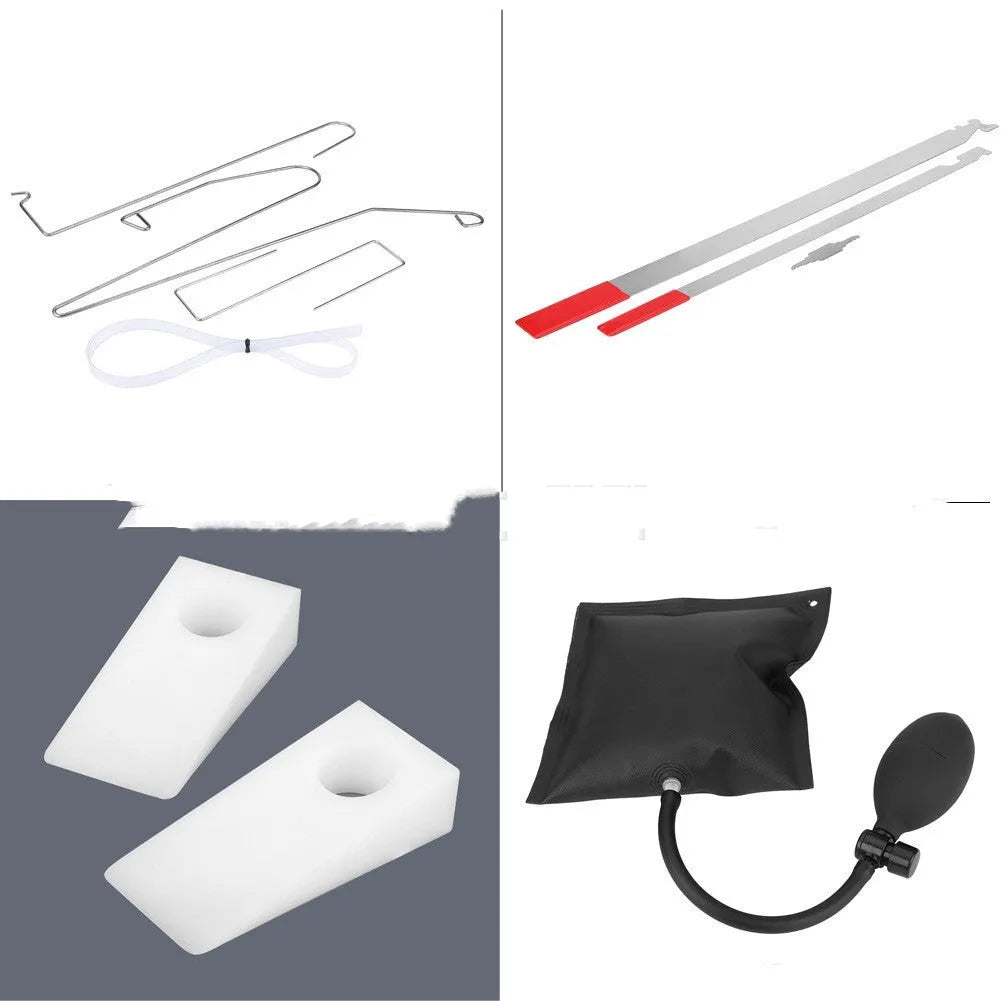 9-piece automotive maintenance tool set with air pump wedge, plastic wedges, hooks, and crowbars