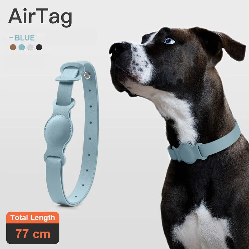 Leather pet collar case for AirTag, adjustable 40-77cm, fog blue colour, on a light background