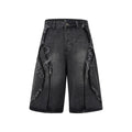 American Pu Shuai distressed raw edge denim shorts in straight leg cropped fit on a grey background.