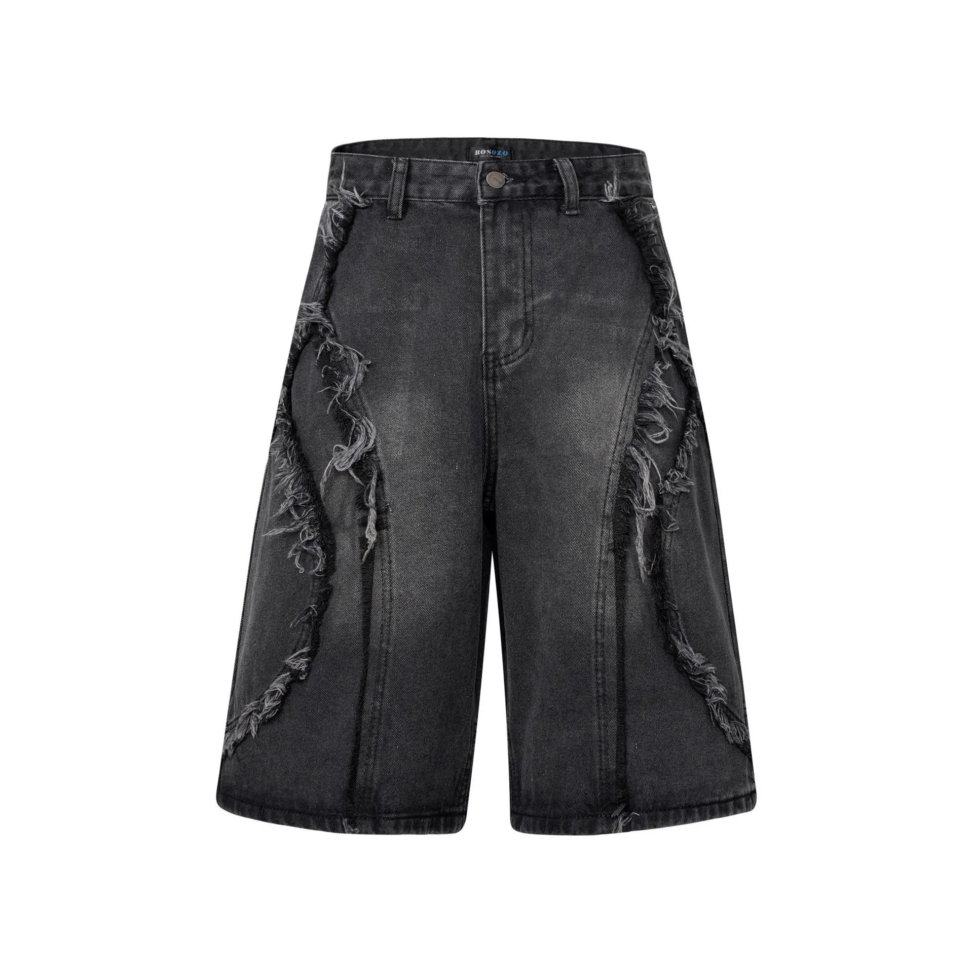 American Pu Shuai distressed raw edge denim shorts in straight leg cropped fit on a grey background.