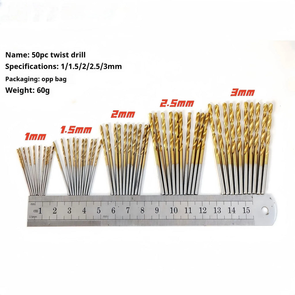 50 piece twist drill set 1-3mm high speed steel titanium plated woodworking opening tool