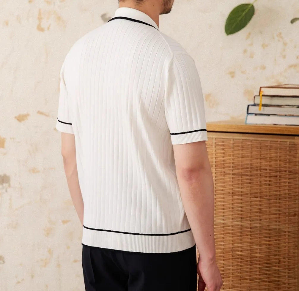 Slim elastic lapel polo shirt in viscose blend fabric, black and white colour options