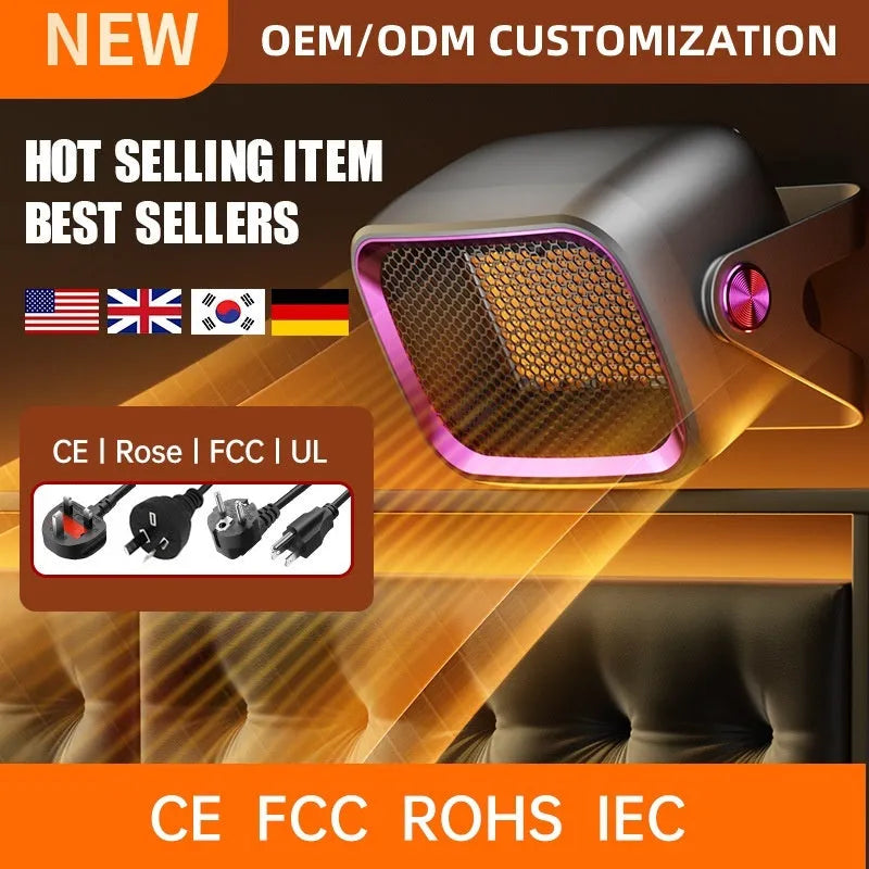 Grey compact desktop ceramic electric heater with rotatable body on a wooden desk.
