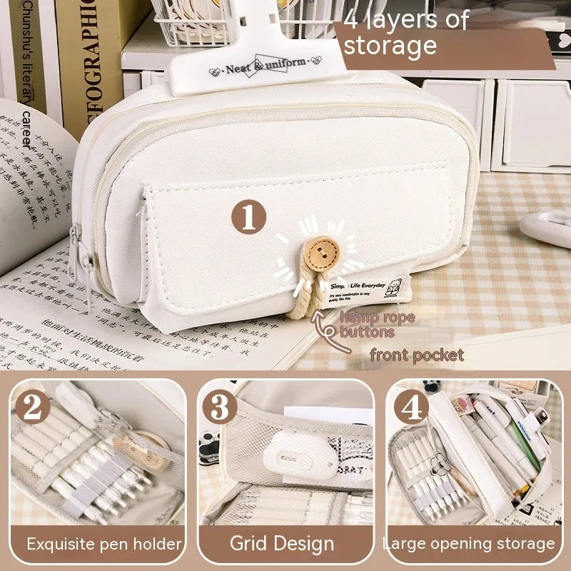 Canvas pencil case in green, beige, blue, or grey storing about 80 pens