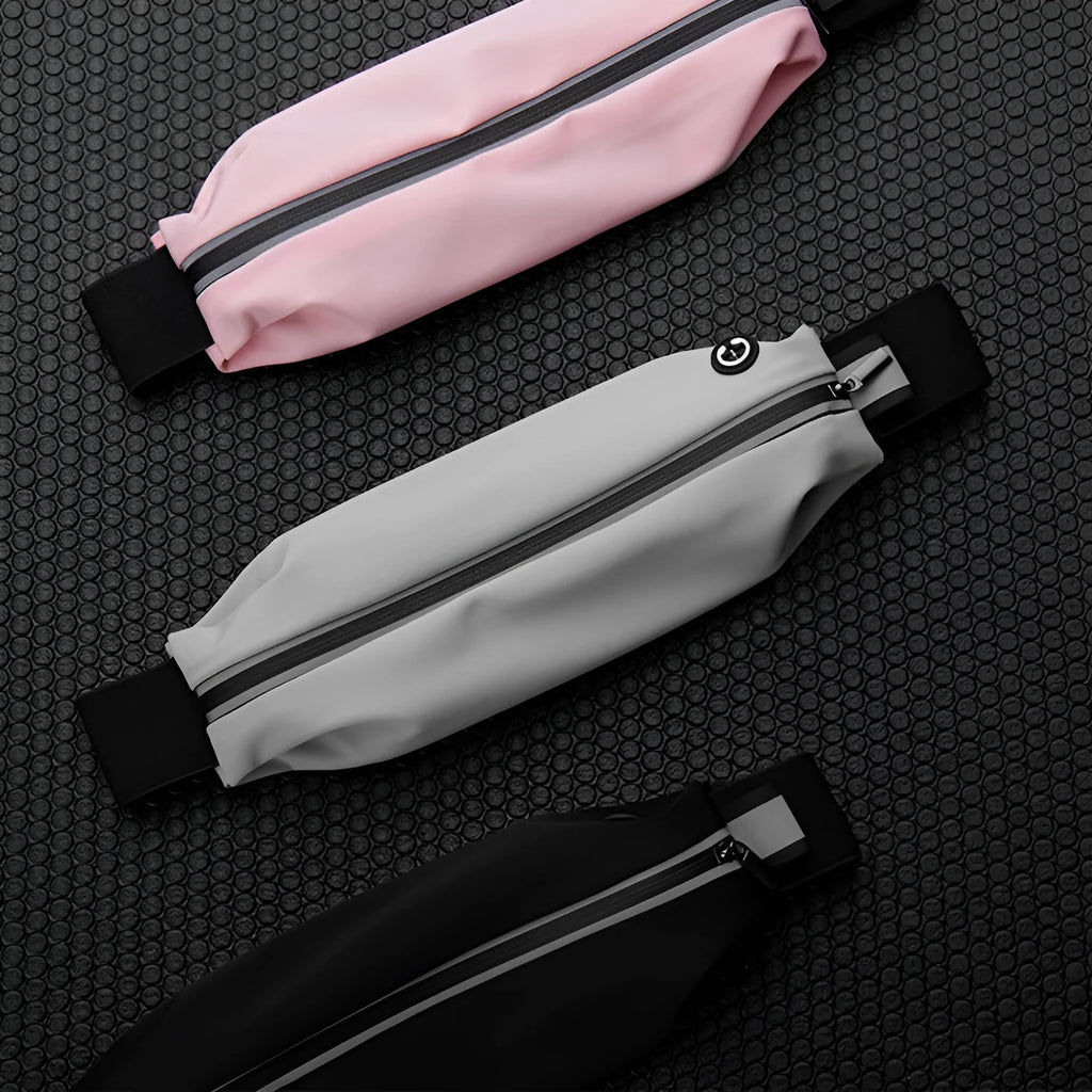 Lightweight waterproof running pouch in black with stretch fit and reflective strip for outdoor sports