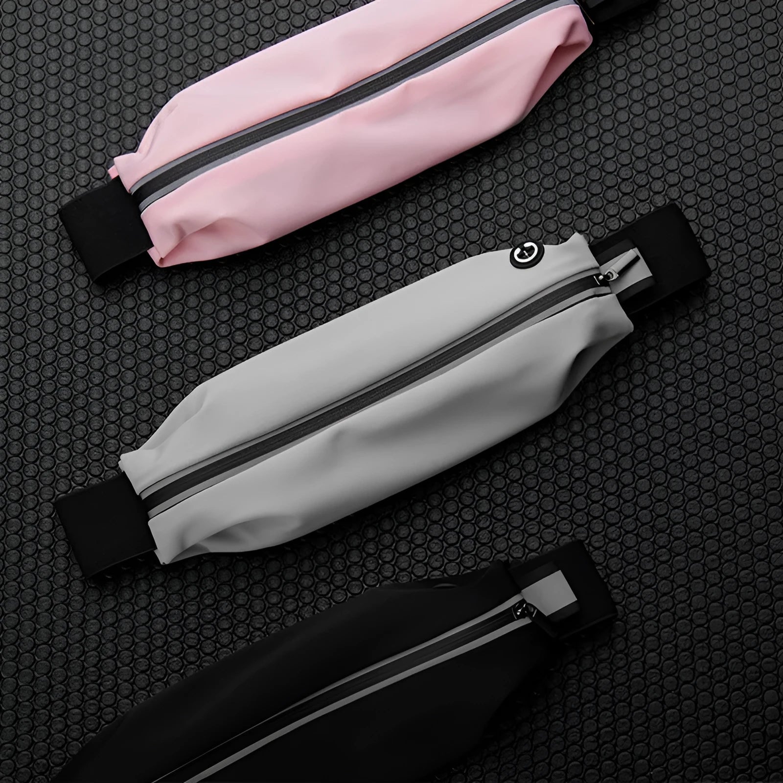 Lightweight waterproof running pouch in black with stretch fit and reflective strip for outdoor sports
