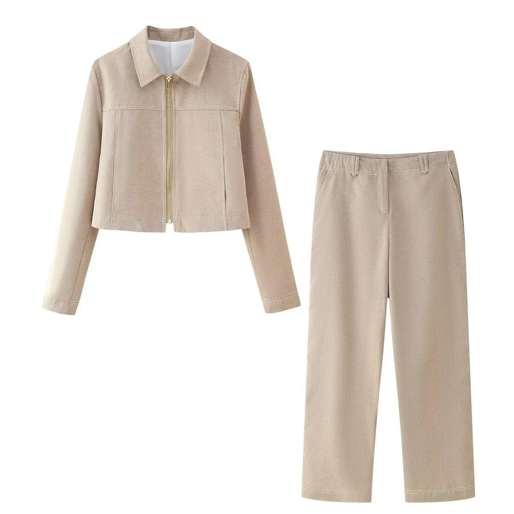 Women's herringbone pattern polyester suit set with long sleeve coat and straight-leg trousers