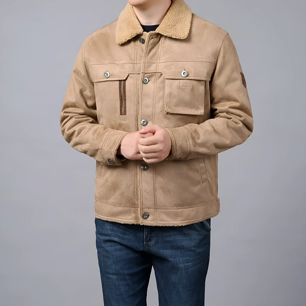 Men's deerskin jacket in khaki, front view, standard length 50cm, polyester fibre business formal coat