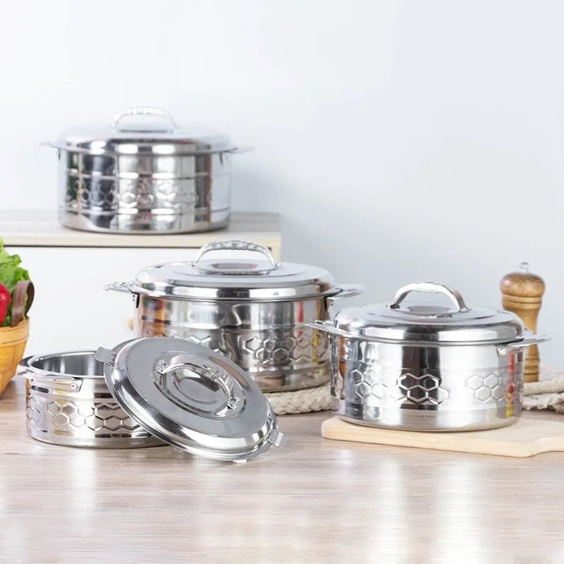 Stainless steel insulated rice bucket set with lids, three pieces in 1L 2L 3L or 2L 3L 4L, embossed finish