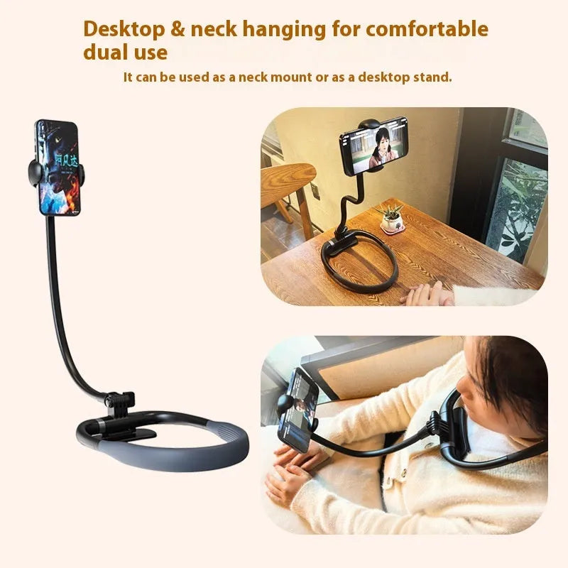 Black plastic hanging neck multifunctional desktop phone holder on desk with phone in place
