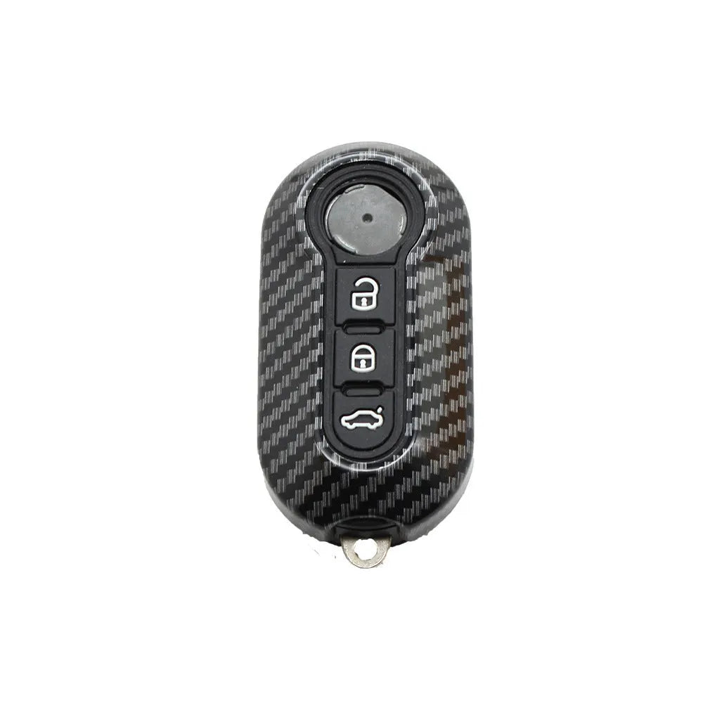 Fiat 500 FYT model car remote key replacement shell in ABS plastic, shown in black, red, and dark blue colour options.