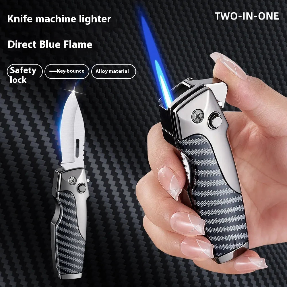 Zinc alloy metal folding lighter with jet flame and knife blade in black brown wood finish