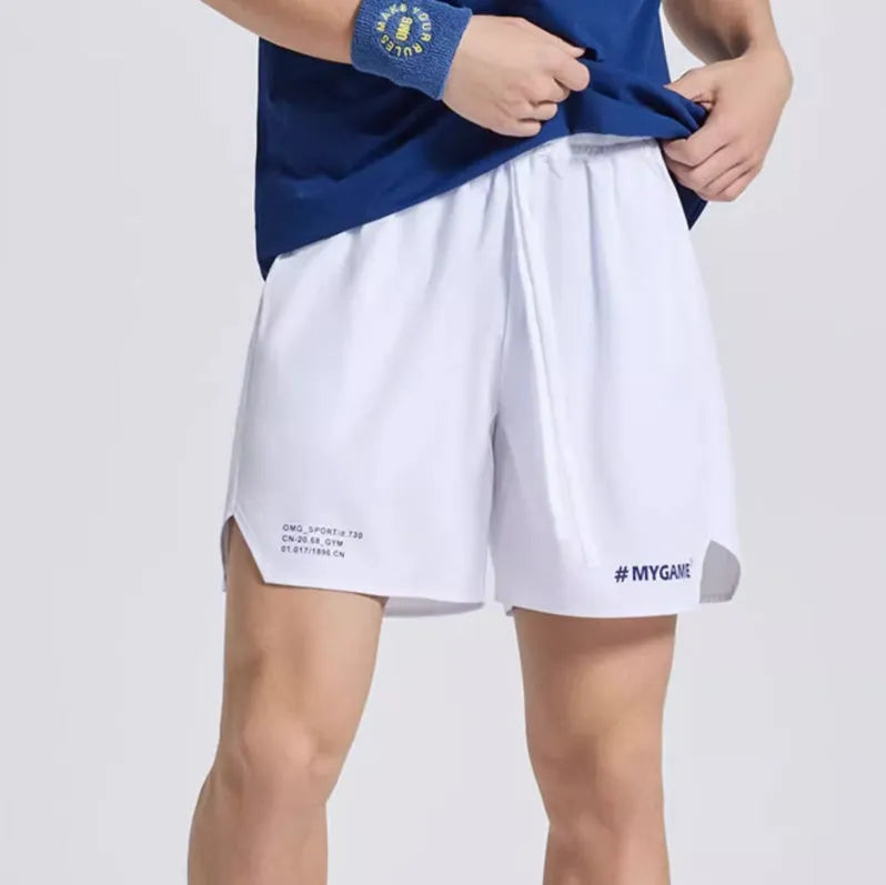 Men's navy blue training fitness shorts made from polyester spandex fabric, shown on a model.