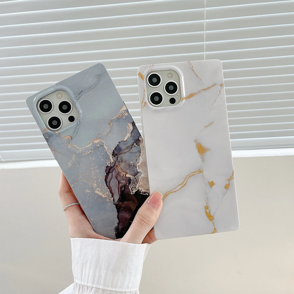 Square gilt marble iPhone case in TPU and silicone with straight edge and IMD print, shown in marble colourways