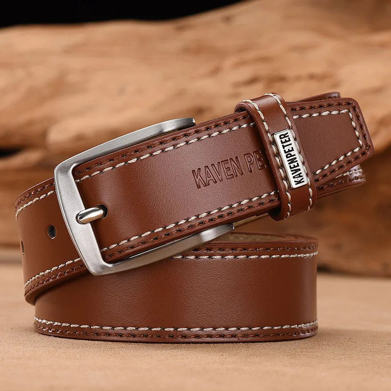Men's genuine leather cowhide belt with alloy pin buckle, 2-4cm width, available in four colours and four lengths